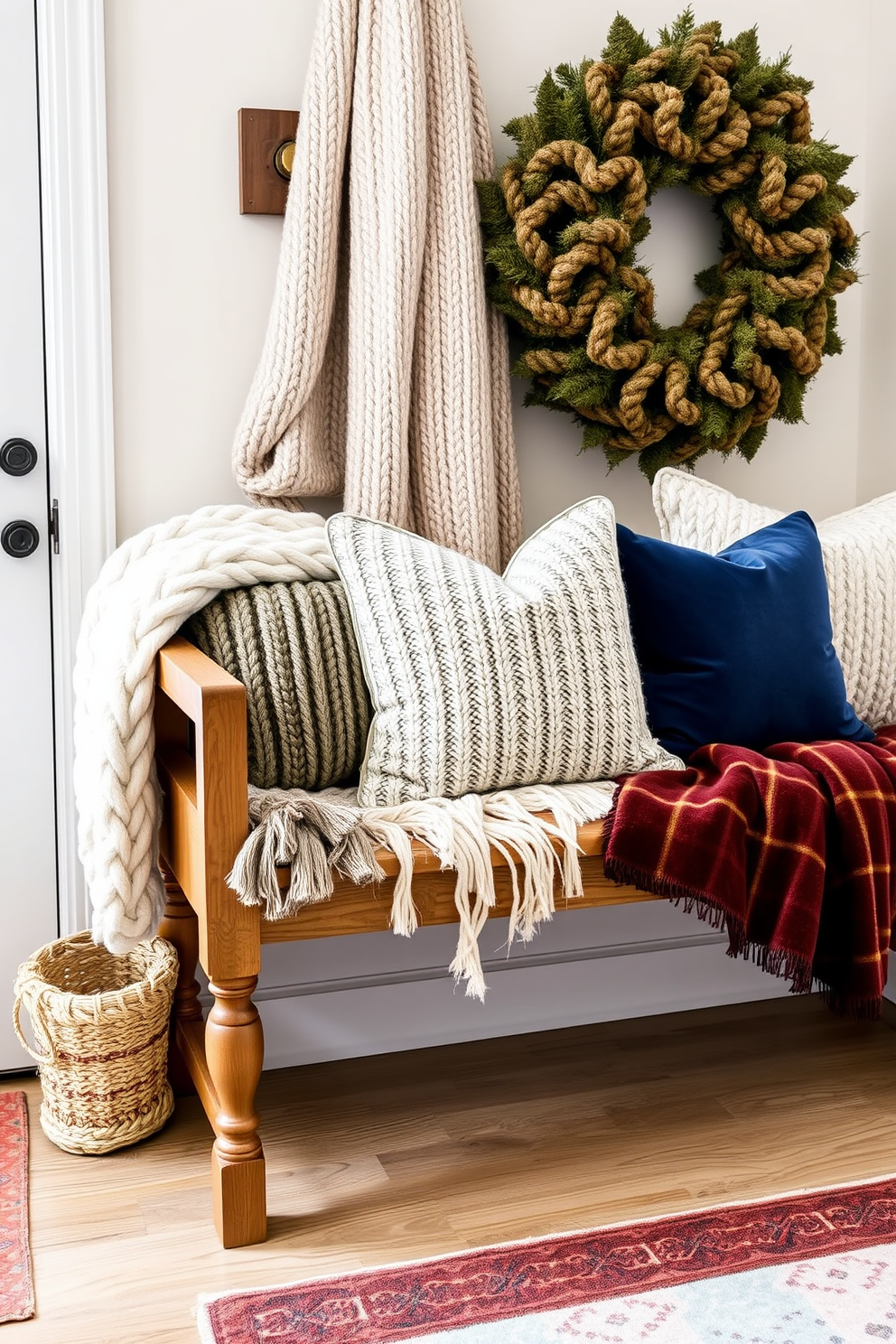 Layered textures create a cozy winter entryway. A mix of chunky knit blankets and soft velvet pillows adorn a beautifully crafted bench, inviting warmth and comfort.