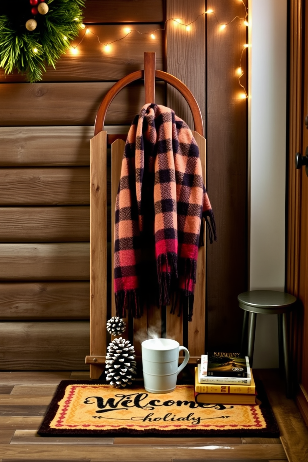 A charming vintage sled leans against a rustic wooden wall, adorned with a cozy plaid blanket draped over it. Soft fairy lights twinkle above, creating a warm ambiance in the winter entryway. A pair of snow-dusted pinecones sit at the base of the sled, adding a touch of nature to the decor. A welcoming doormat with a festive design lies beneath a small table that holds a steaming mug and a stack of holiday-themed books.