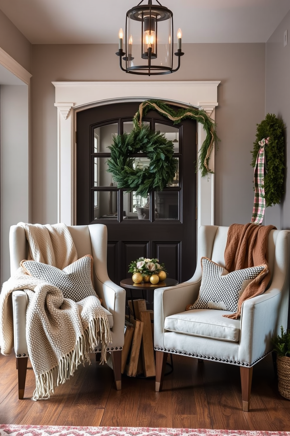 A cozy winter entryway featuring soft throw blankets draped over stylish chairs. The space is adorned with warm lighting and seasonal decorations, creating an inviting atmosphere.