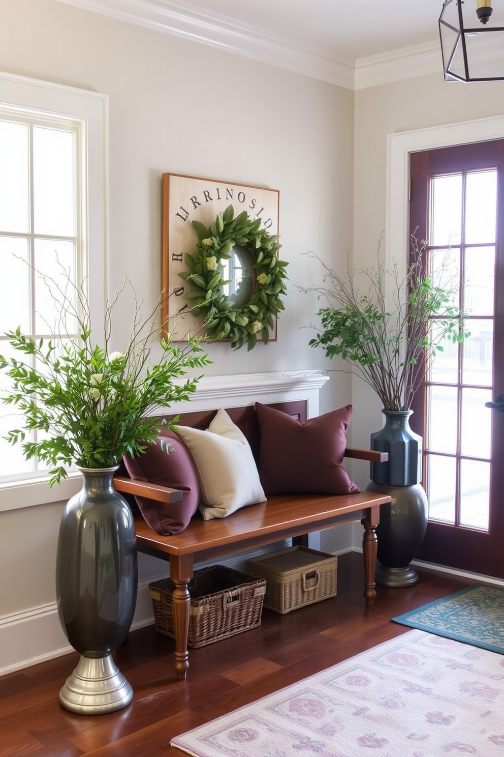 A cozy winter entryway adorned with fresh greenery in elegant vases. The space features a warm wooden bench with plush cushions, and a soft area rug lies beneath to welcome guests.