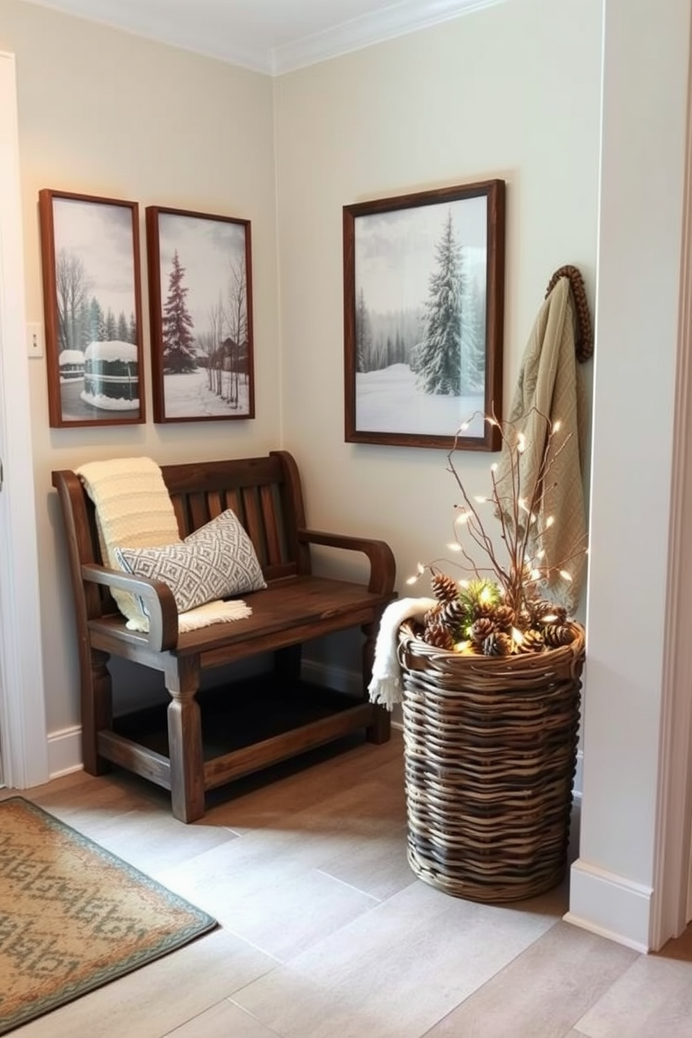 A cozy entryway adorned with winter-themed prints on the walls creates a warm and inviting atmosphere. The prints feature snowy landscapes and festive motifs, enhancing the seasonal charm of the space. A rustic wooden bench sits against one wall, complemented by a soft white throw blanket. A woven basket filled with pinecones and twinkling fairy lights adds a touch of whimsy to the entryway decor.