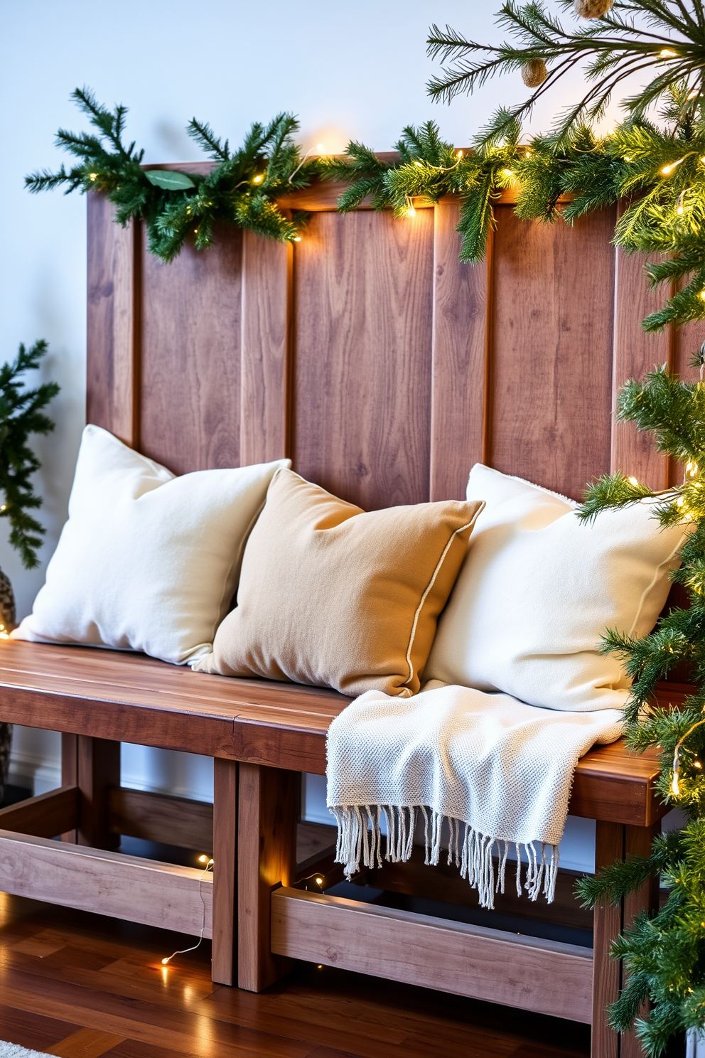 A rustic wooden bench is positioned against the wall, adorned with cozy throw pillows in earthy tones. Surrounding the bench, winter decorations include evergreen branches and twinkling fairy lights, creating a warm and inviting atmosphere.