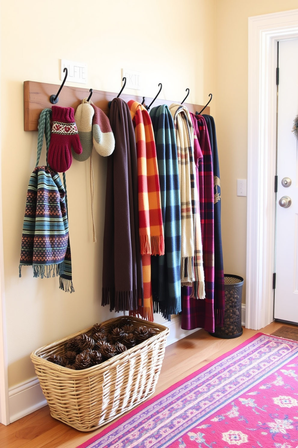 A cozy winter entryway is adorned with colorful mittens and scarves hanging on a rustic wooden coat rack. The walls are painted in a warm cream shade, and a woven basket filled with pinecones sits on the floor beside a vibrant area rug.