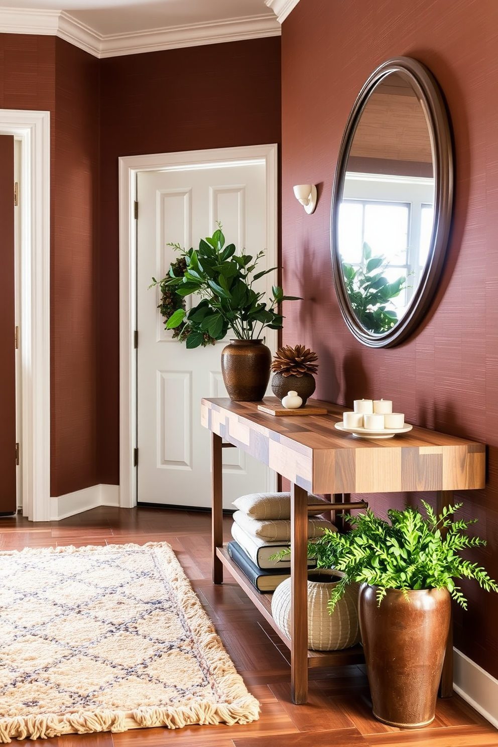 A warm color palette envelops the entryway, featuring rich browns and soft creams that create a cozy atmosphere. The walls are adorned with textured wallpaper, while a plush area rug in earthy tones welcomes guests as they enter. A stylish console table made of reclaimed wood sits against the wall, topped with a decorative mirror and a few seasonal decor items. Fresh greenery in a ceramic pot adds a touch of nature, complementing the warm hues and inviting ambiance of the space.