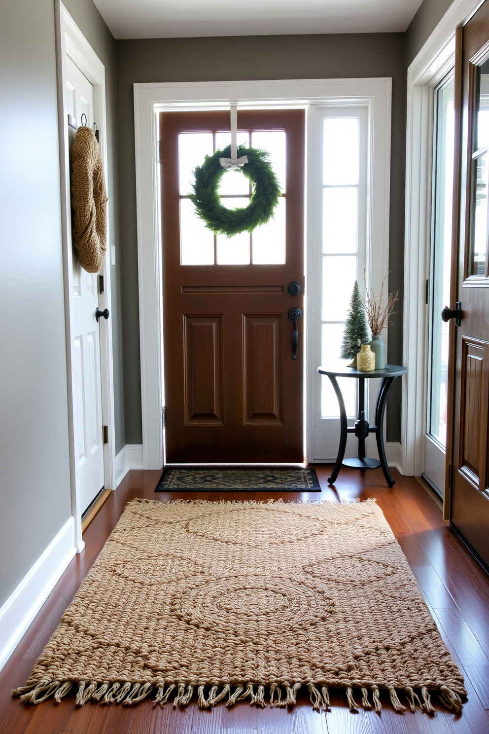 A cozy winter entryway features a warm wool rug that adds comfort and texture to the space. The entryway is adorned with seasonal decorations, including a wreath on the door and a small table with holiday-themed accents.