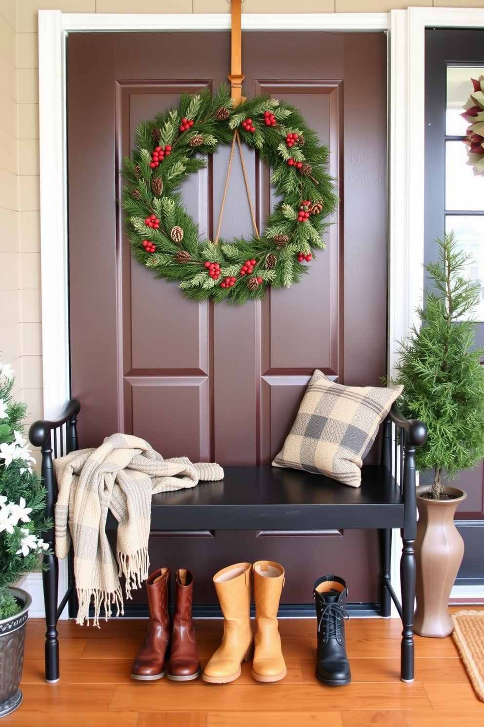 A charming winter entryway features a beautifully crafted seasonal wreath adorned with pinecones and red berries hanging on the front door. The space is enhanced by a cozy bench draped with a soft throw blanket and a pair of stylish boots neatly placed underneath.