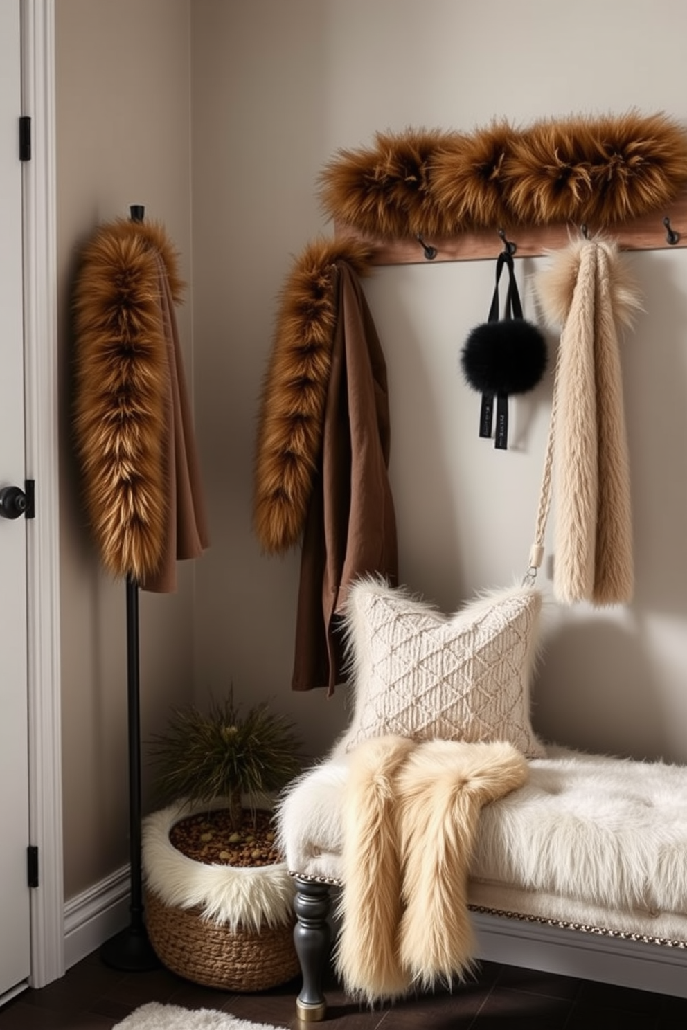 A cozy winter entryway featuring furniture pieces adorned with faux fur accents. The space includes a plush bench with a soft faux fur throw draped over it, complemented by a chic coat rack embellished with faux fur details.