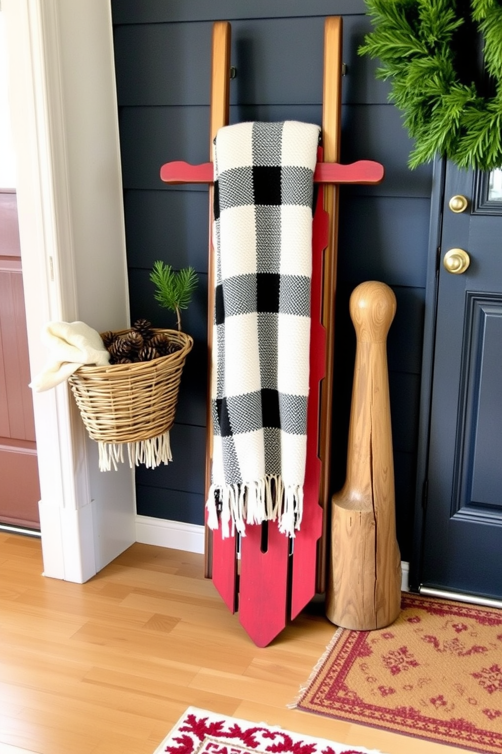 A charming winter entryway featuring a vintage sled as a decorative accent. The sled is propped against the wall, adorned with a cozy blanket and a basket of pinecones to enhance the seasonal feel.