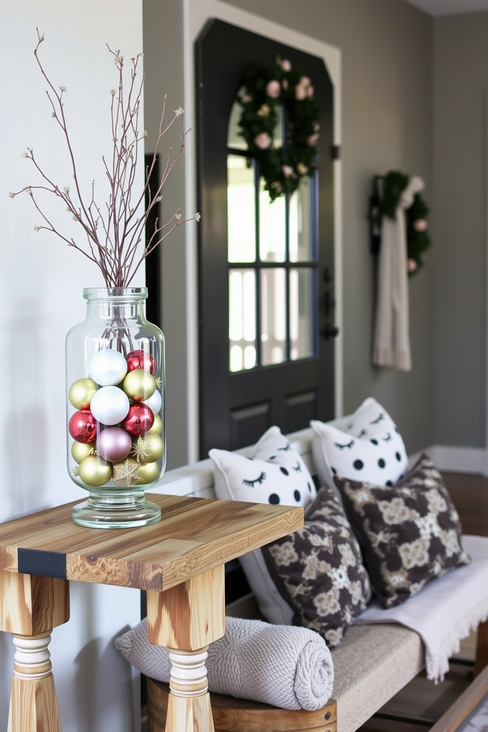 A glass jar filled with an assortment of winter ornaments sits on a rustic wooden console table. The entryway features a cozy bench adorned with a soft throw blanket and a pair of decorative pillows.