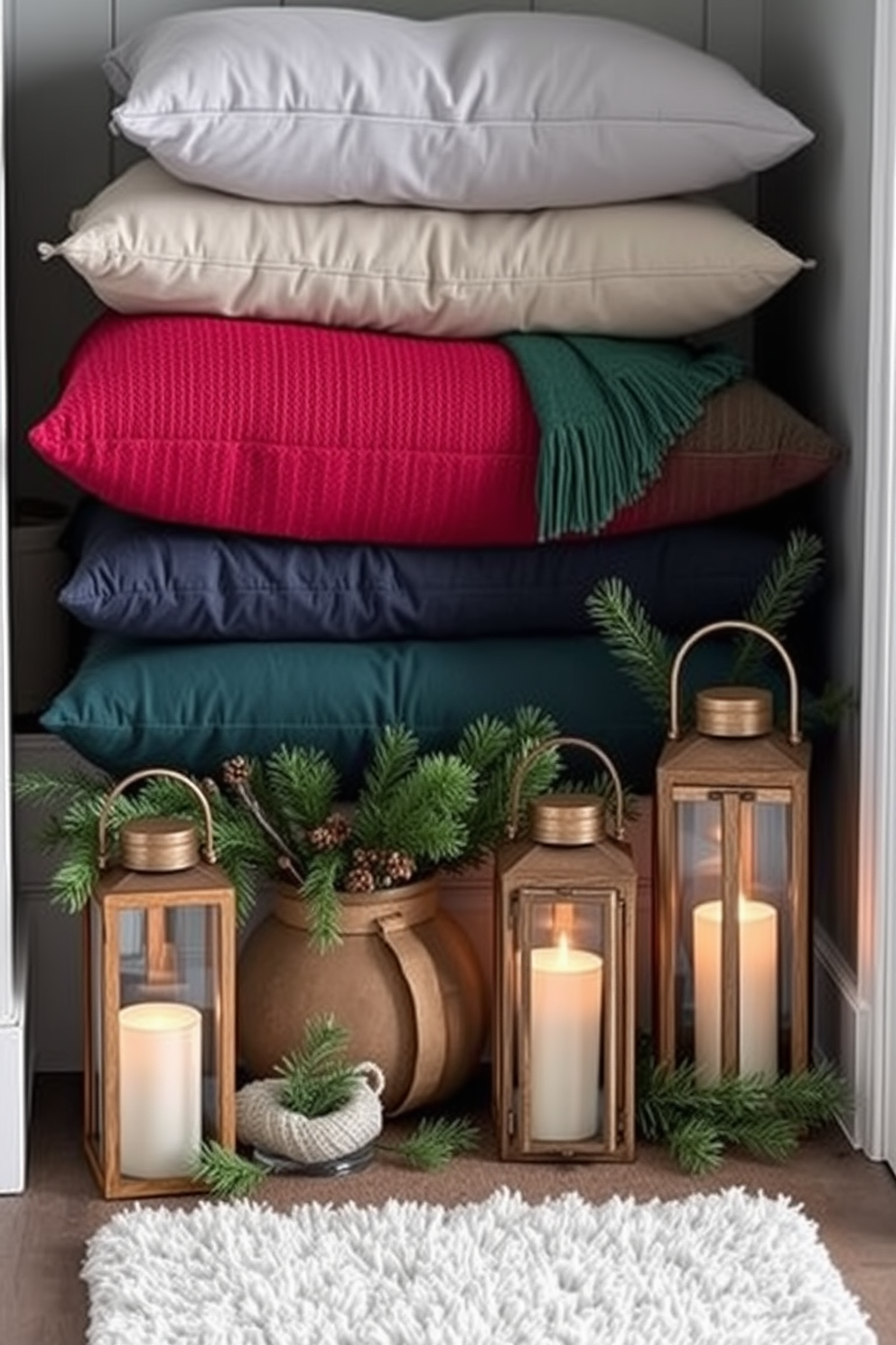 Layered pillows in winter hues create a cozy and inviting atmosphere. Soft textures and rich colors like deep blue, forest green, and warm gray add depth to the space. Winter entryway decorating ideas incorporate natural elements and seasonal decor. A mix of evergreen branches, rustic lanterns, and a plush runner rug sets a warm welcome for guests.