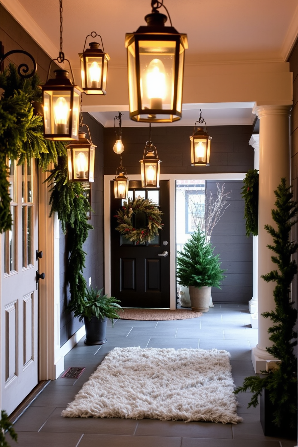 A cozy winter entryway features a beautiful arrangement of hanging lanterns that cast a warm and inviting glow. The space is adorned with seasonal decorations, including evergreen garlands and a plush area rug, creating a welcoming atmosphere.