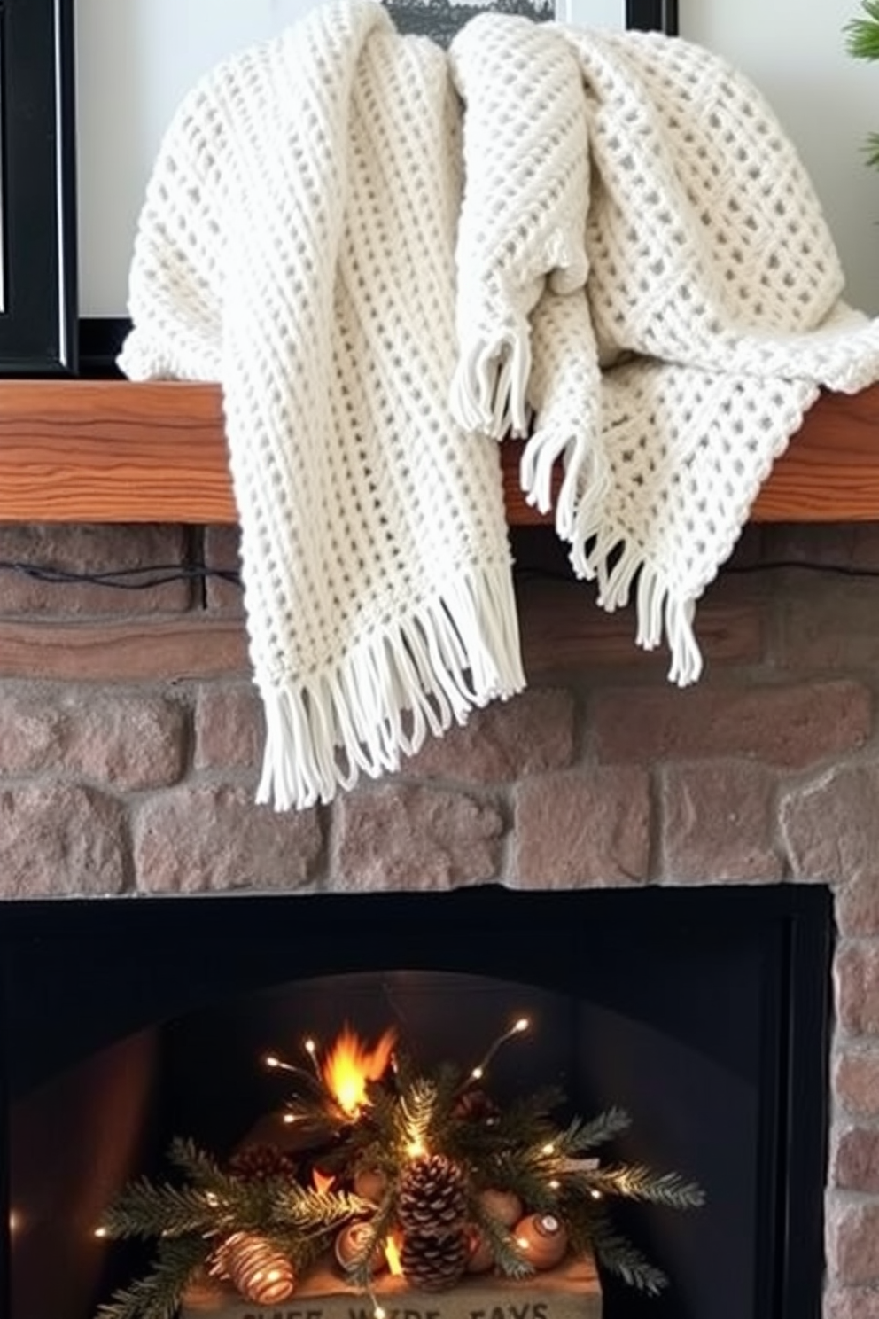 Cozy knitted blankets are draped elegantly over a rustic wooden mantel, adding warmth and texture to the space. The fireplace below is adorned with seasonal decorations, featuring pinecones and soft white lights that create a welcoming winter ambiance.