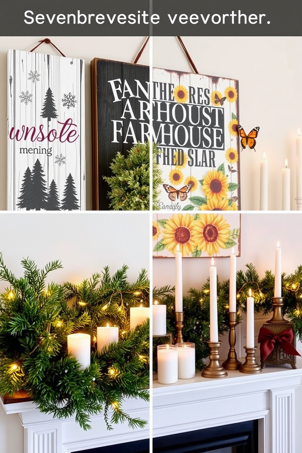 A charming reversible farmhouse sign that showcases seasonal themes. One side features a cozy winter scene with snowflakes and pine trees, while the other side displays a vibrant summer motif with sunflowers and butterflies. A beautifully decorated fireplace that captures the essence of winter. Adorn the mantel with evergreen garlands, twinkling fairy lights, and a collection of rustic candles in varying heights.