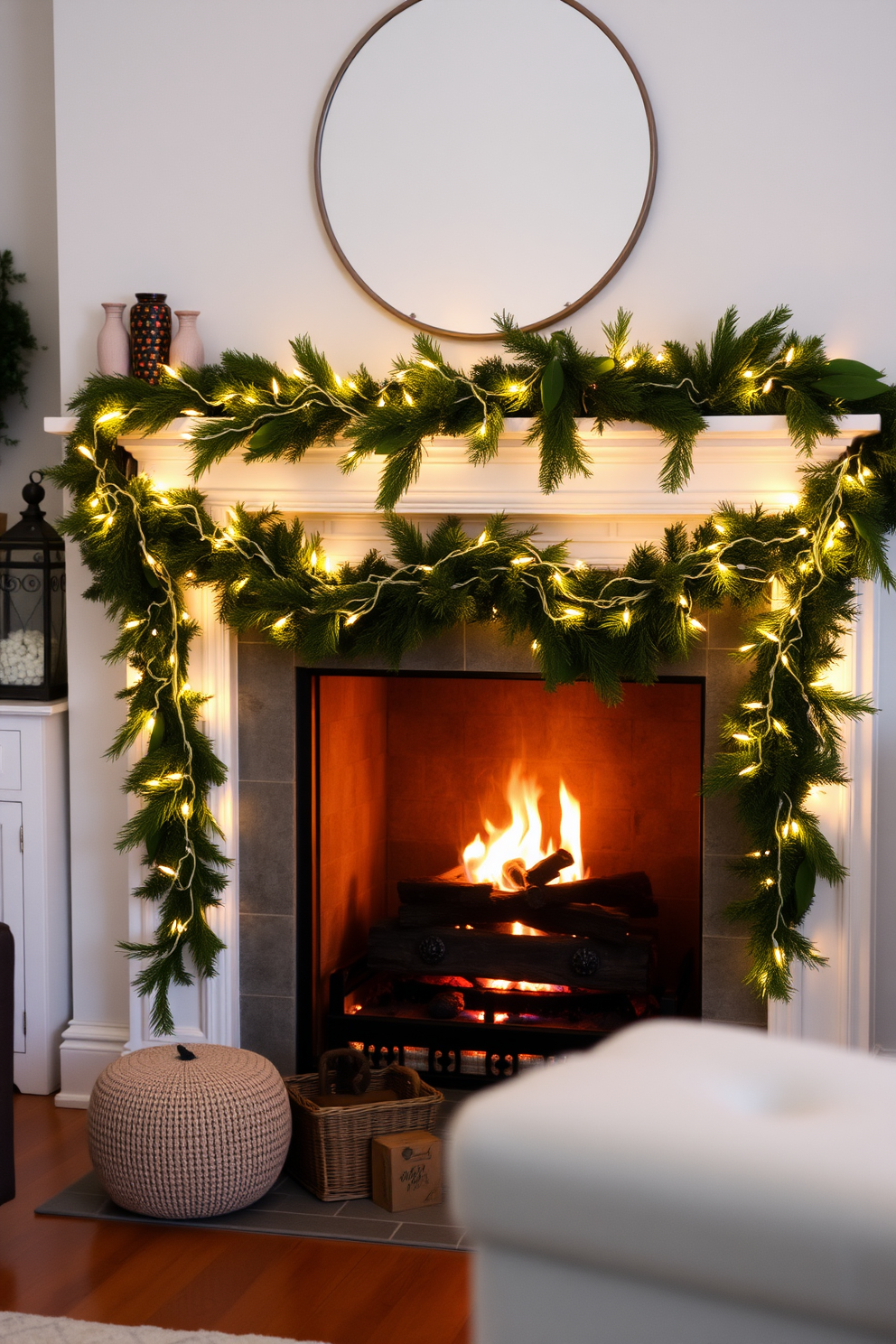 A cozy winter living room features a beautiful fireplace adorned with twinkling fairy lights intertwined with lush green garland. The warm glow of the lights creates an inviting atmosphere, perfect for gathering with loved ones during the chilly season.