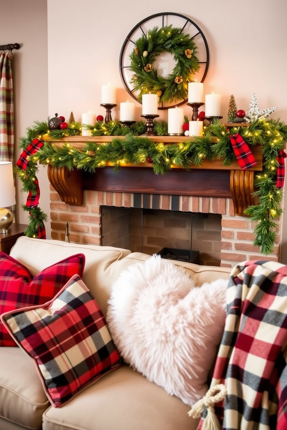 A cozy living room adorned with classic red and white plaid accents. The focal point is a beautifully decorated fireplace with a rustic mantel, draped in garlands of pine and twinkling fairy lights. On the mantel, an assortment of candles in varying heights is arranged alongside seasonal decorations. Plush throw pillows and a warm blanket in coordinating plaid patterns are artfully placed on a comfortable sofa, inviting relaxation.