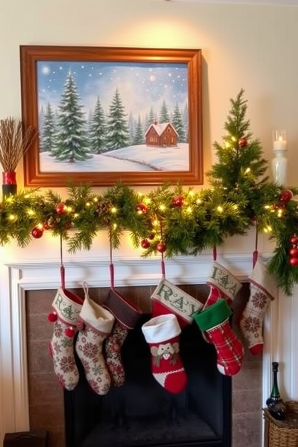 Seasonal artwork featuring winter landscapes. The artwork showcases serene snowy scenes with pine trees and a cozy cabin, framed in rustic wood. Winter fireplace decorating ideas. The fireplace is adorned with evergreen garlands, twinkling fairy lights, and a collection of festive stockings hanging from the mantel.