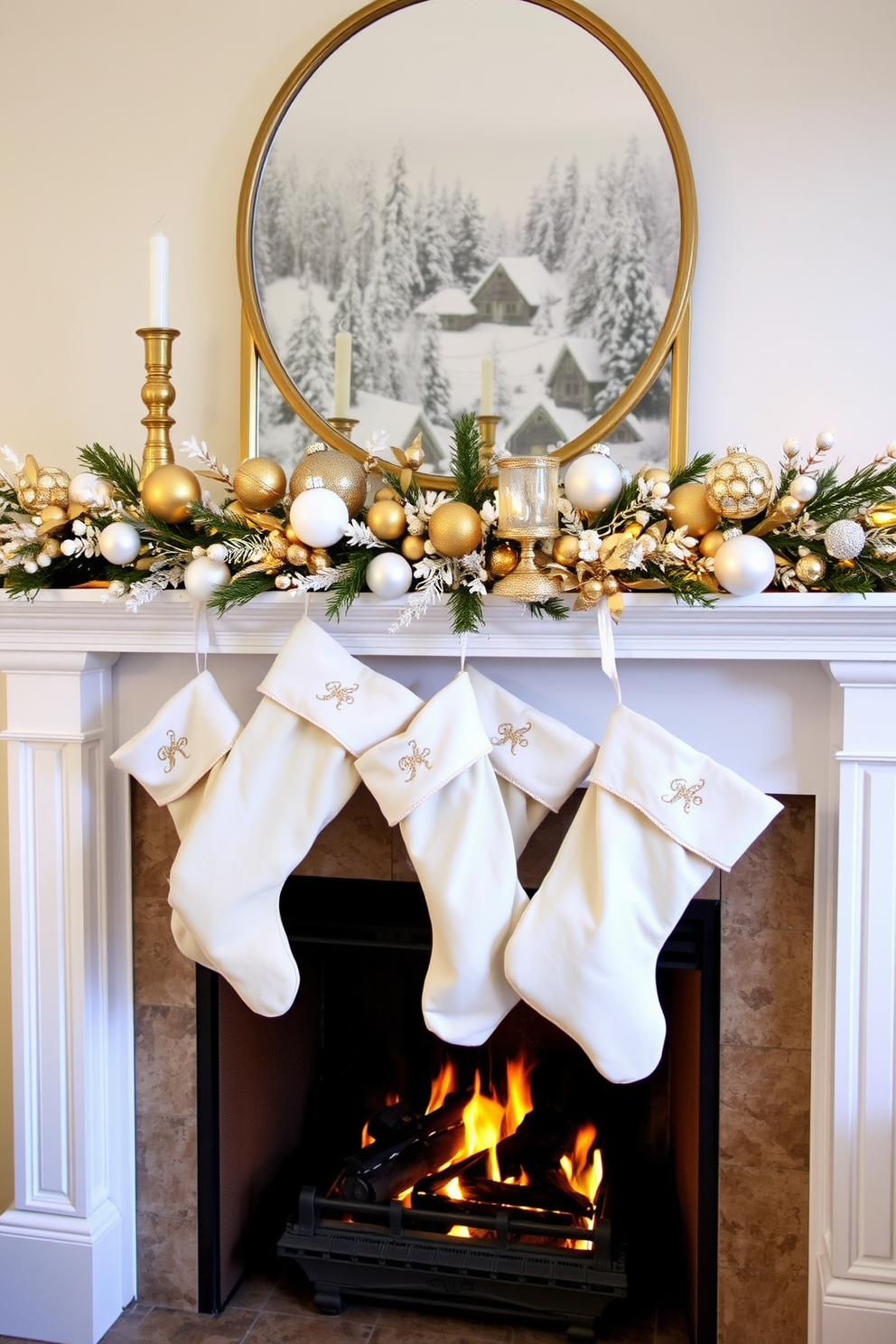 Elegant gold and silver accents create a stunning contrast against a cozy winter backdrop. A beautifully adorned fireplace is the centerpiece, featuring a mantle decorated with shimmering garlands and tasteful ornaments. Soft white and cream stockings hang from the mantle, each embellished with delicate gold embroidery. The warm glow of the fire complements the sparkle of the metallic accents, creating an inviting atmosphere for winter gatherings.