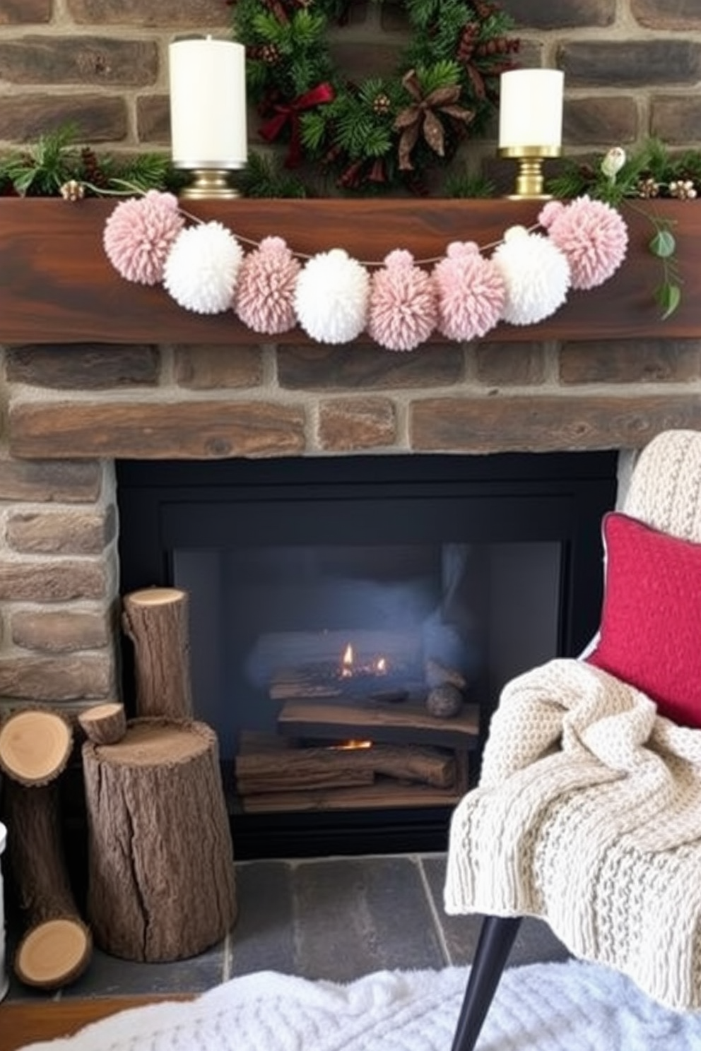 A cozy winter fireplace setting adorned with a handmade pom-pom garland. The fireplace is surrounded by rustic wooden logs and a soft knitted throw is draped over a nearby chair.