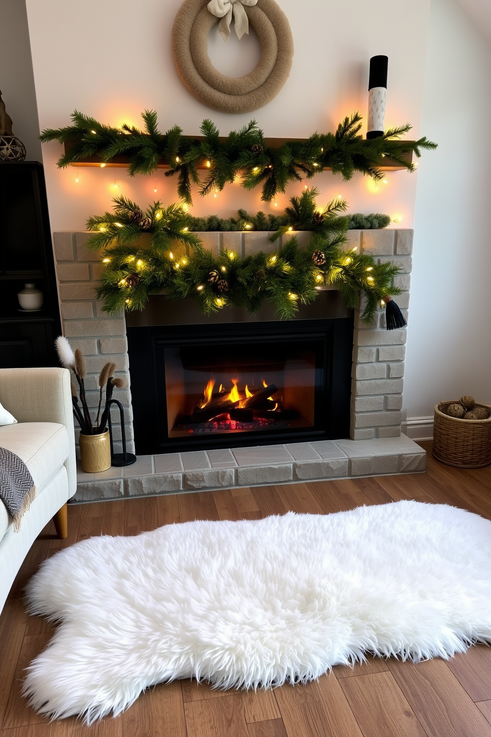 A cozy living room featuring a snowy white faux fur rug positioned in front of a crackling winter fireplace. The fireplace is adorned with festive decorations, including pinecones, evergreen branches, and twinkling fairy lights.