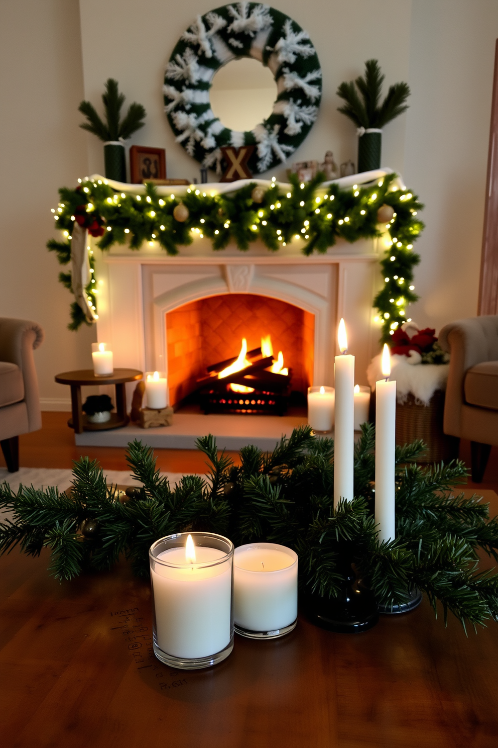 A cozy living room adorned with pine-scented candles placed on a rustic wooden coffee table. The flickering candlelight enhances the warm ambiance created by a beautifully decorated winter fireplace, complete with evergreen garlands and twinkling fairy lights.