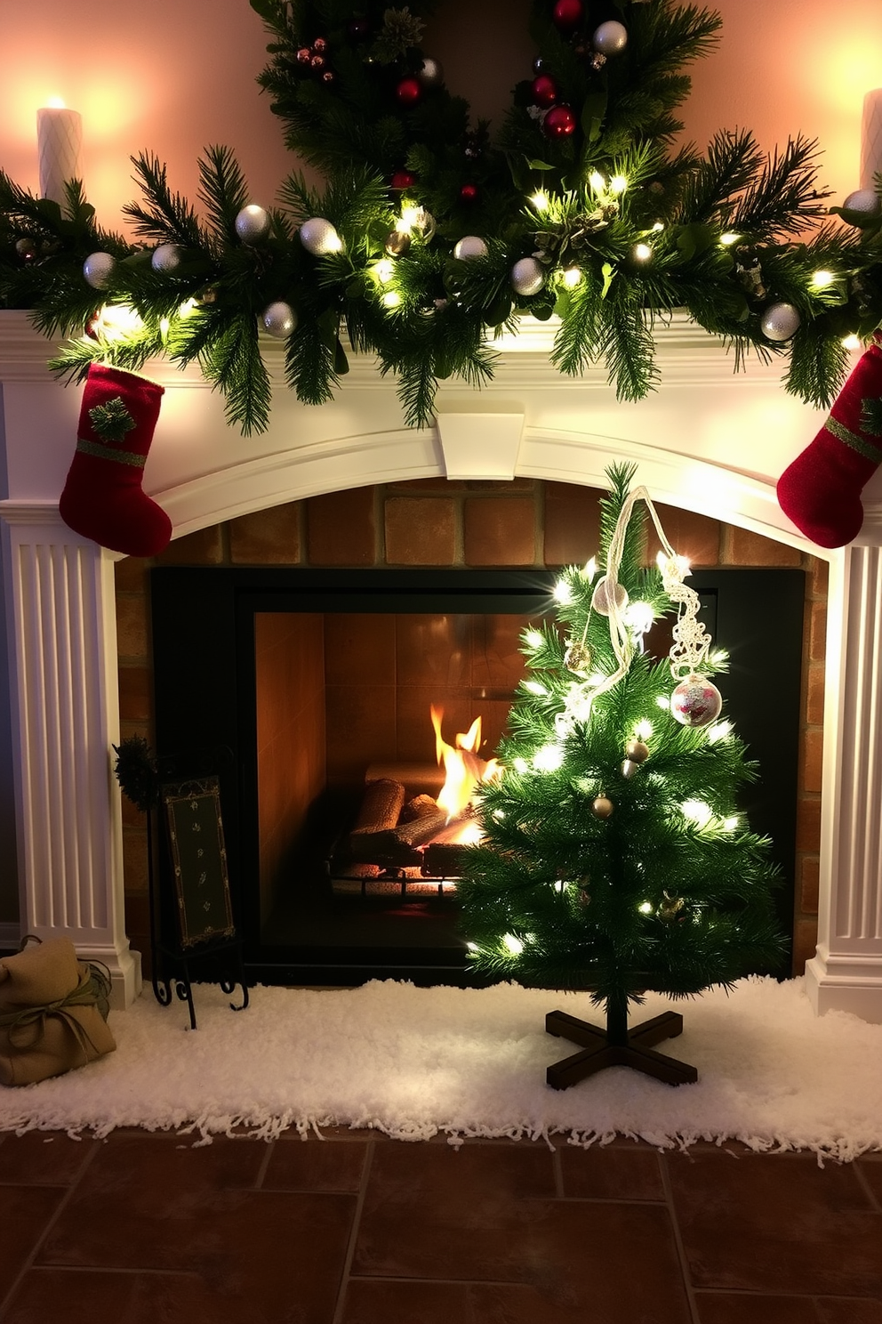 A cozy winter scene featuring a miniature pre-lit Christmas tree placed on the hearth. The fireplace is adorned with garlands of greenery and twinkling lights, creating a warm and inviting atmosphere.