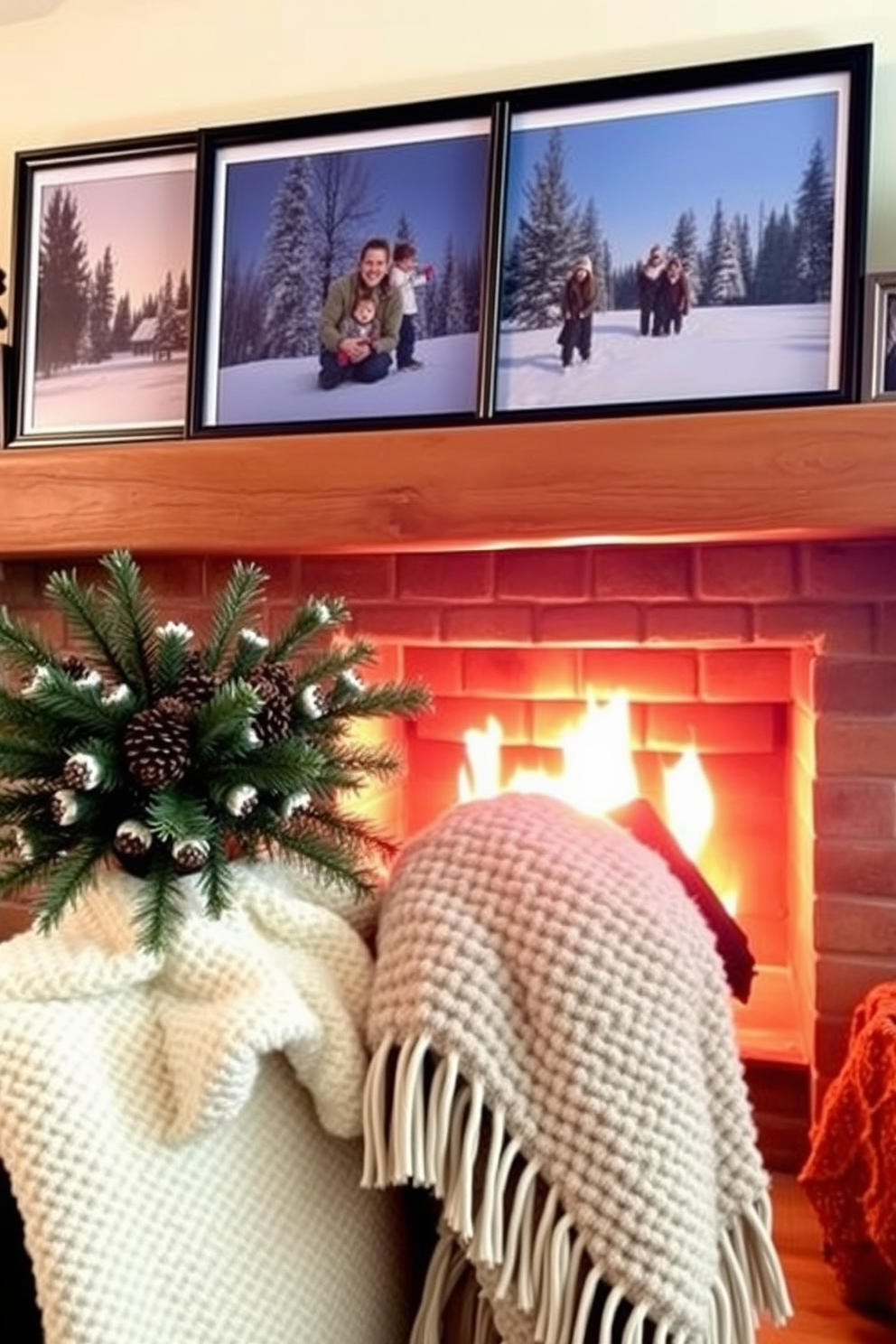 Framed family photos adorn the mantle of a cozy fireplace, capturing cherished memories in serene winter landscapes. The warm glow of the fire contrasts beautifully with the cool tones of the surrounding winter decor. A festive arrangement of evergreen branches and pinecones complements the fireplace, creating a welcoming atmosphere. Soft, textured blankets are draped over a nearby chair, inviting relaxation on chilly winter nights.