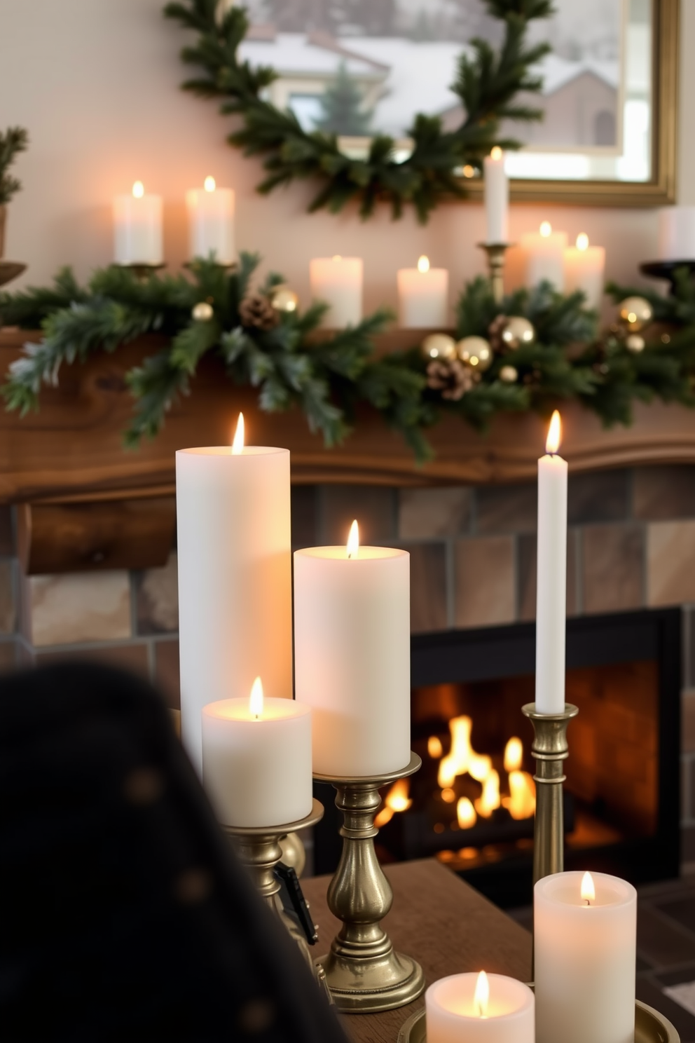 A cozy winter living room features a stylish fireplace adorned with warm white candles in varied heights. The flickering candlelight casts a soft glow, complementing the rustic charm of the wooden mantel decorated with evergreen garlands and seasonal accents.