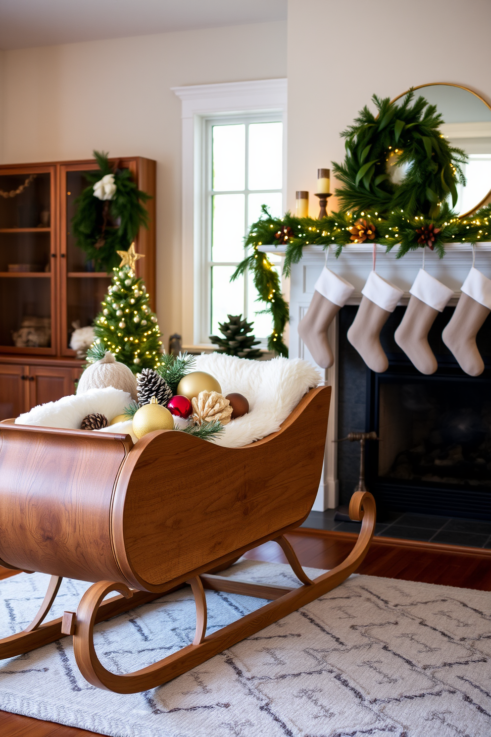 A stunning wooden sleigh serves as a unique decorative piece in the living room. It is filled with soft blankets and seasonal ornaments, creating a cozy winter atmosphere. The fireplace is elegantly decorated with garlands of pine and twinkling fairy lights. Stockings hang from the mantel, adding a warm touch to the overall festive decor.