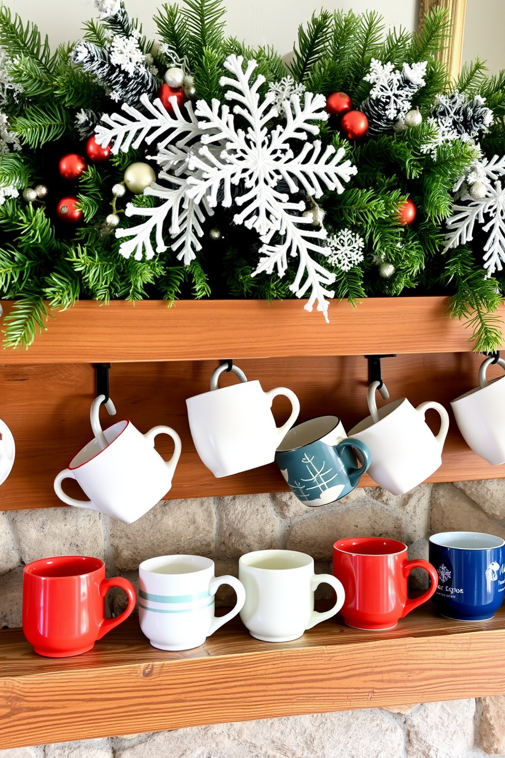 Chic ceramic mugs are elegantly arranged on a rustic wooden mantel, showcasing a variety of colors and patterns. Above the mugs, a beautiful winter-themed garland adds a touch of warmth and charm to the cozy fireplace setting.