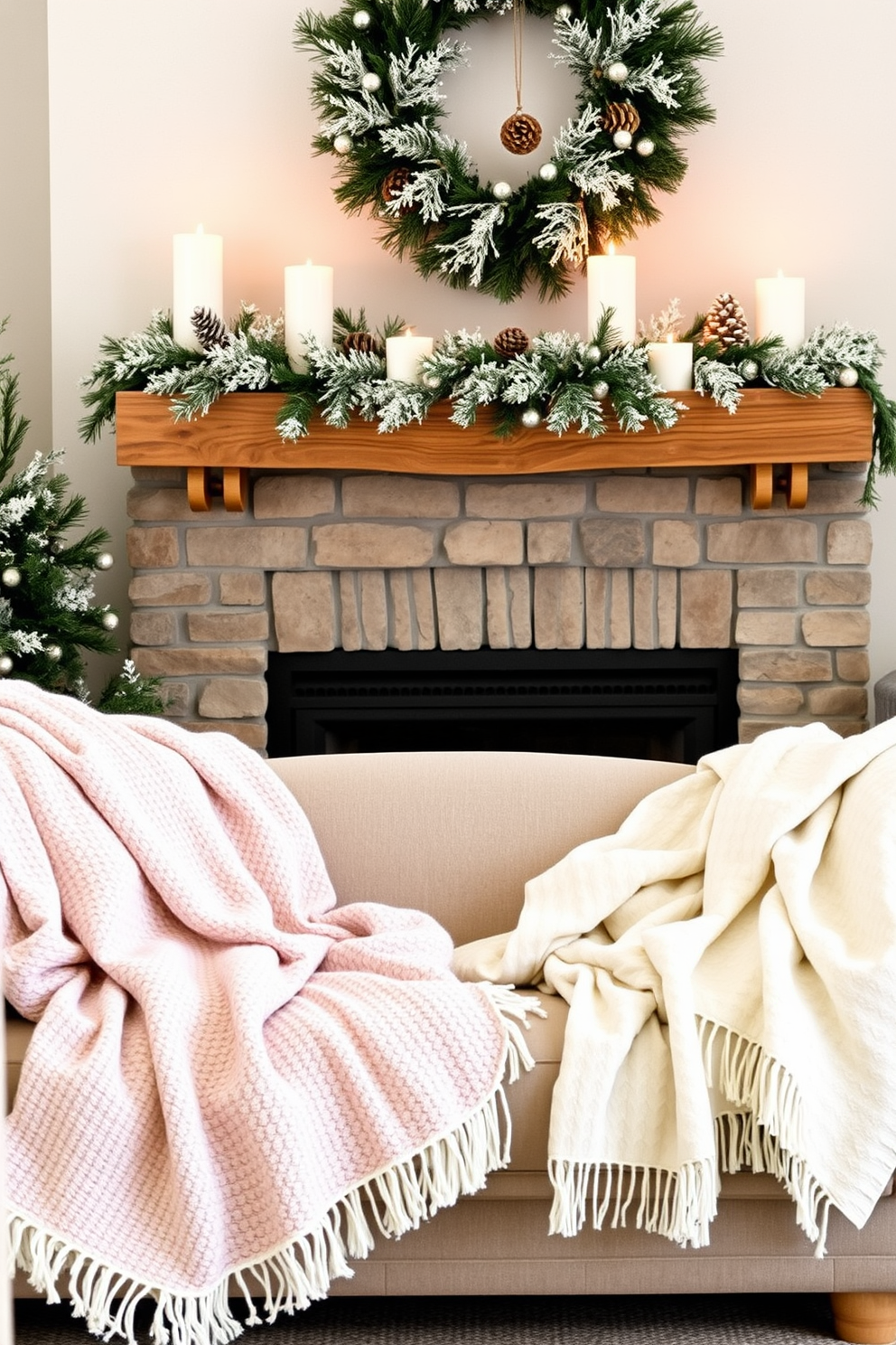 A cozy winter living room adorned with throw blankets in soft pastel colors draped over a plush sofa. The blankets feature delicate patterns and textures that invite warmth and comfort during the chilly season. A beautifully decorated fireplace with a rustic wooden mantel adorned with winter-themed decor. Soft white candles and pinecone accents complement the flickering flames, creating a serene and inviting atmosphere.