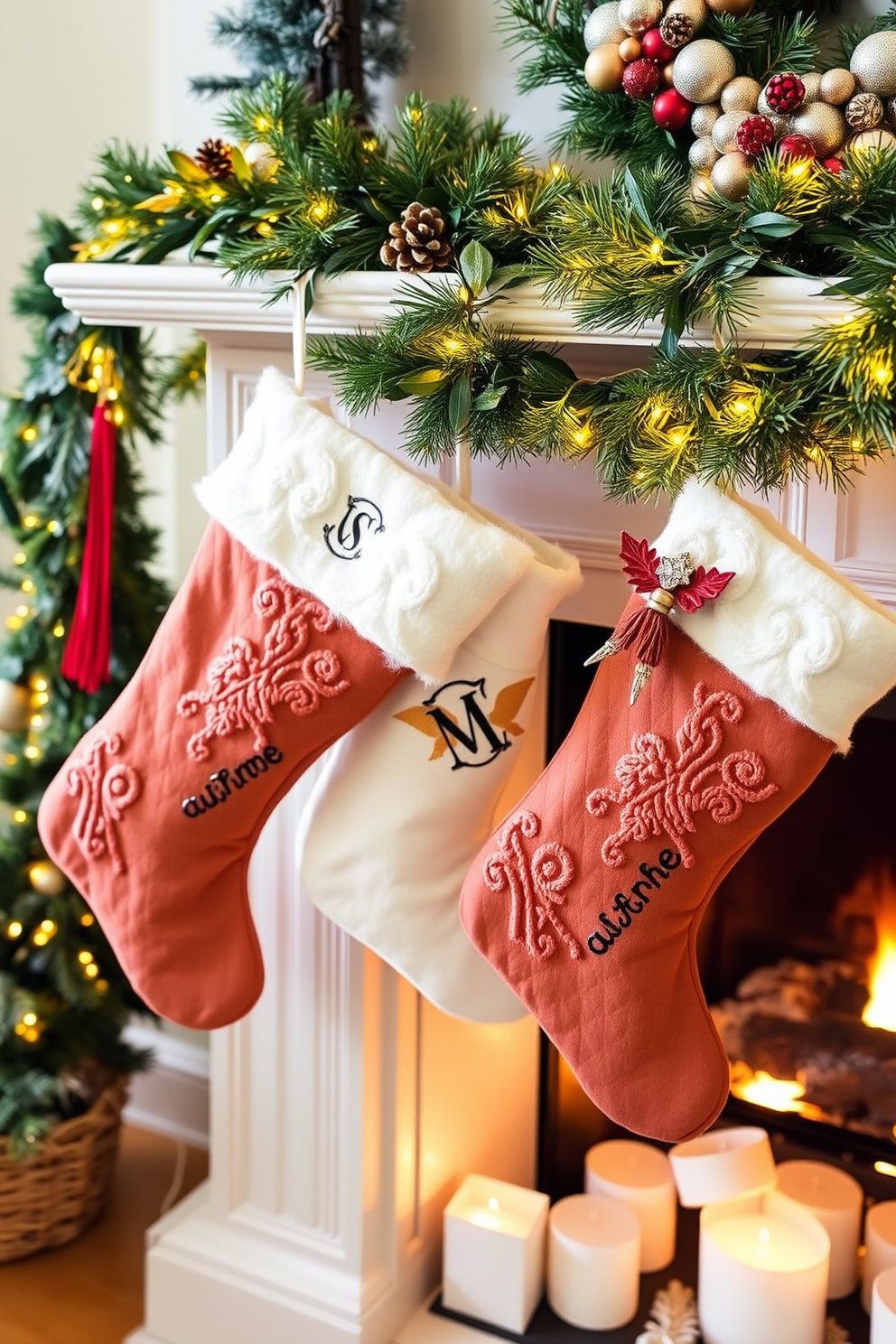 Hanging stockings adorned with unique monograms and festive embellishments create a warm and inviting atmosphere. The fireplace, elegantly dressed with garlands of greenery and twinkling fairy lights, serves as the perfect backdrop for this charming winter display.