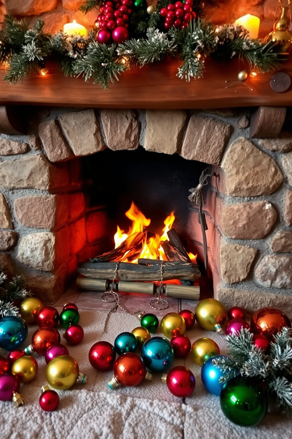 A cozy winter fireplace setting adorned with colorful glass ornaments scattered around. The fireplace is made of rustic stone, with a warm fire crackling inside, creating a welcoming atmosphere.