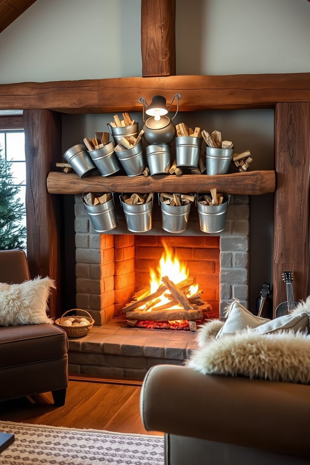 A cozy winter living room features a rustic fireplace adorned with a beautiful arrangement of metal buckets filled with kindling. The warm glow of the fire casts a soft light on the surrounding wooden beams and plush seating, creating an inviting atmosphere.