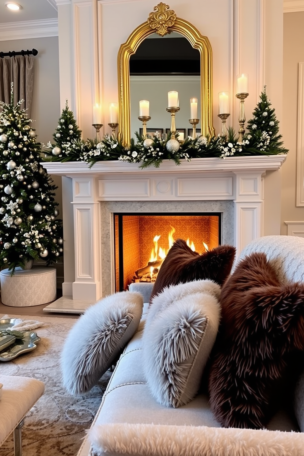 A cozy winter living room features a grand fireplace adorned with elegant gold and silver metallic accents. The mantle is decorated with shimmering candle holders and a stylish garland, creating a warm and inviting atmosphere. Plush throws and decorative pillows in rich textures are arranged on a luxurious sofa, enhancing the glam aesthetic. The surrounding space is illuminated by soft lighting, highlighting the beauty of the seasonal decor.