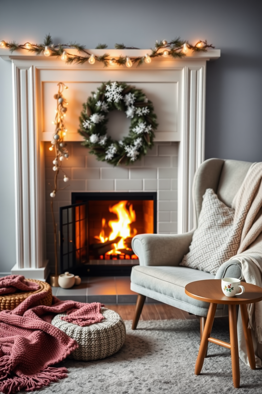 A cozy armchair is positioned to face a crackling winter fireplace. The surrounding decor includes warm throws and a small side table with a steaming cup of cocoa.