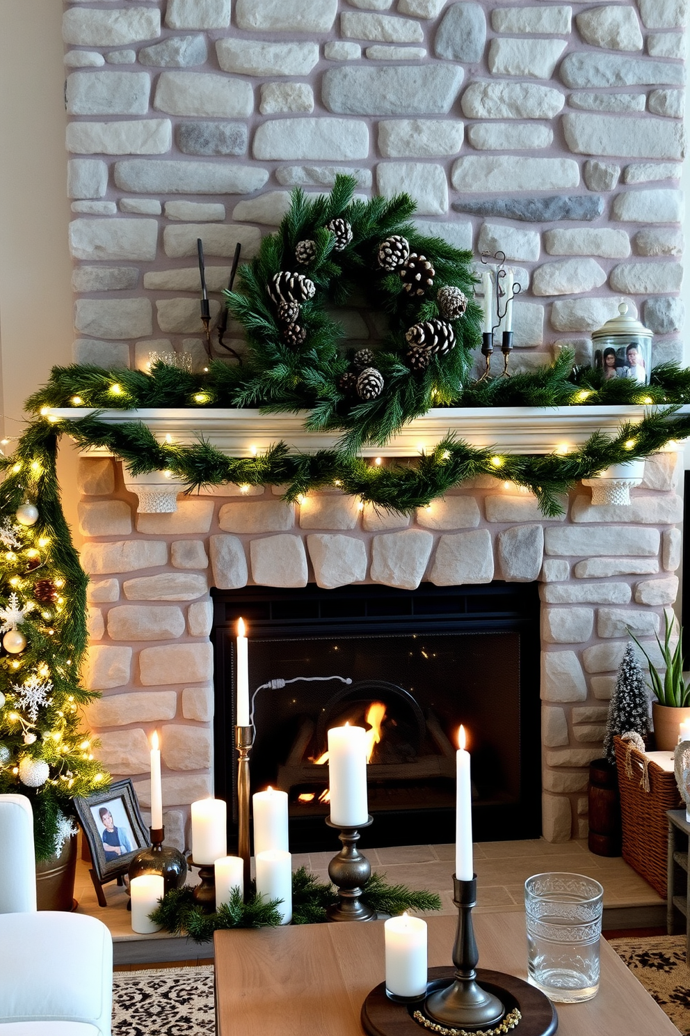 A cozy winter living room featuring a classic stone fireplace adorned with a seasonal wreath made of evergreen branches and pinecones. The mantel is decorated with twinkling fairy lights and a collection of festive candles in varying heights, creating a warm and inviting atmosphere.