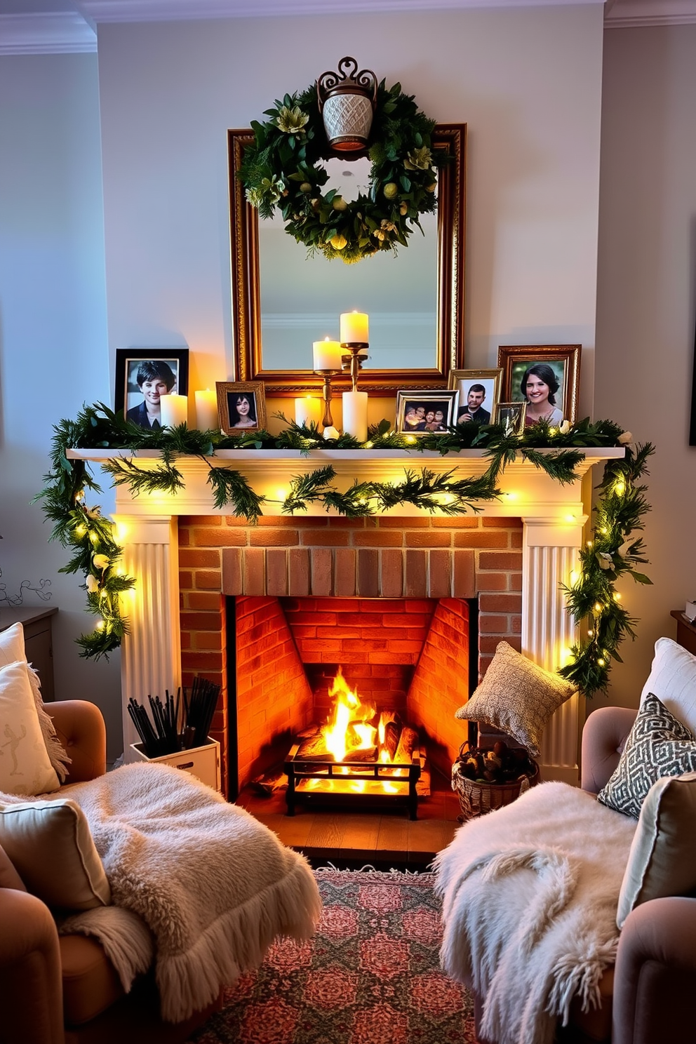 A cozy living room featuring a beautifully decorated fireplace. The mantel is adorned with seasonal greenery, candles, and a collection of family photos in elegant frames. A warm and inviting atmosphere is created by a crackling fire surrounded by plush seating. Soft blankets and decorative pillows add comfort, while twinkling fairy lights provide a magical glow.