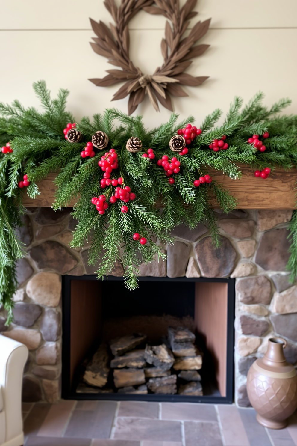 A cozy winter living room features a rustic fireplace adorned with natural greenery, pinecones, and bright red berries. The mantle is draped with evergreen branches, while a few decorative pinecones and clusters of berries are artfully placed to enhance the seasonal charm.