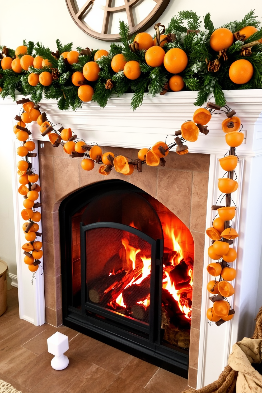 A cozy winter fireplace adorned with layered garlands featuring dried oranges and cinnamon sticks. The warm glow of the fire enhances the rustic charm, creating an inviting atmosphere for family gatherings.