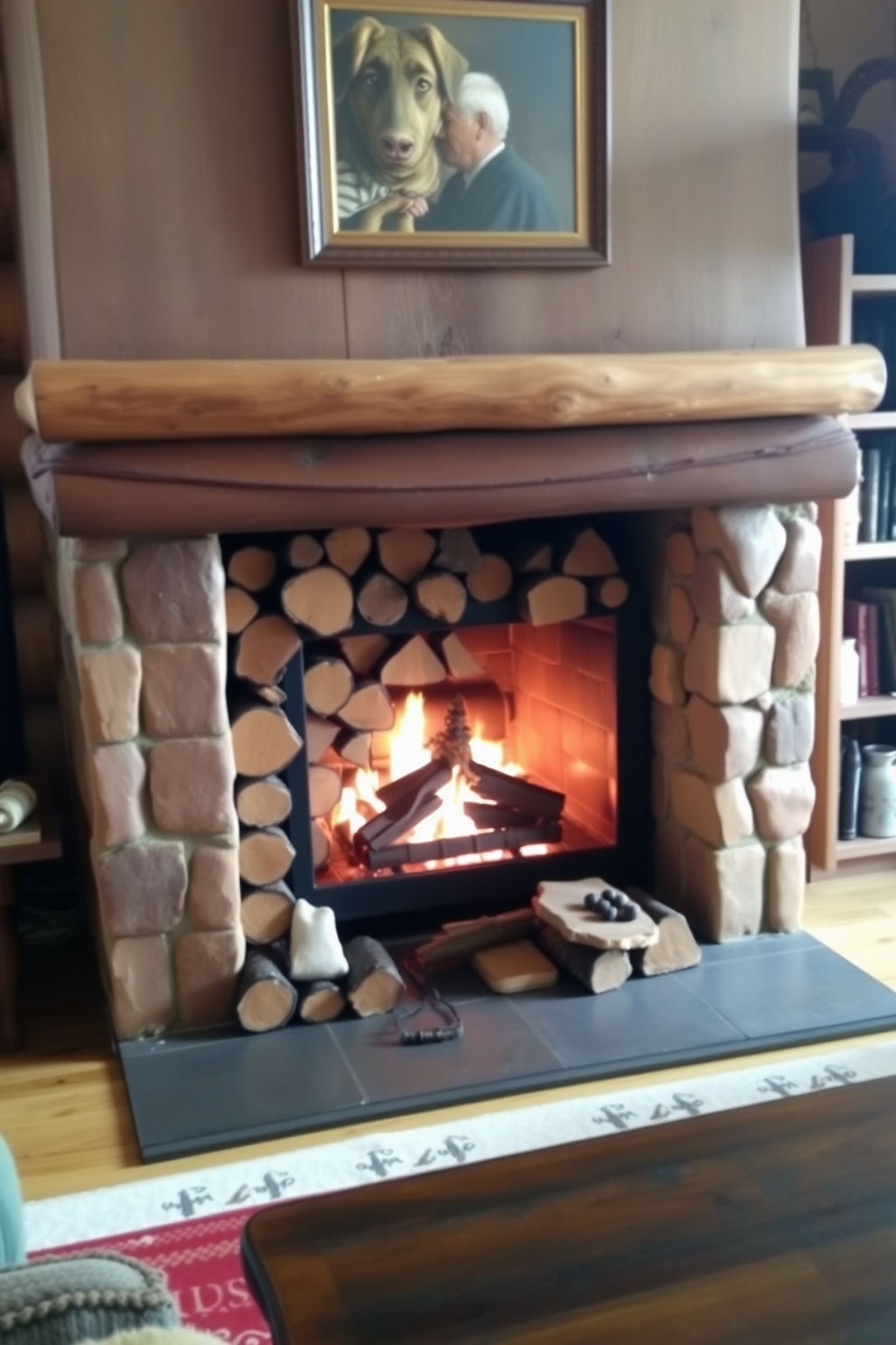 A cozy rustic living room featuring a fireplace adorned with stacked wooden logs. The warm glow of the fire illuminates the space, creating an inviting atmosphere perfect for winter gatherings.