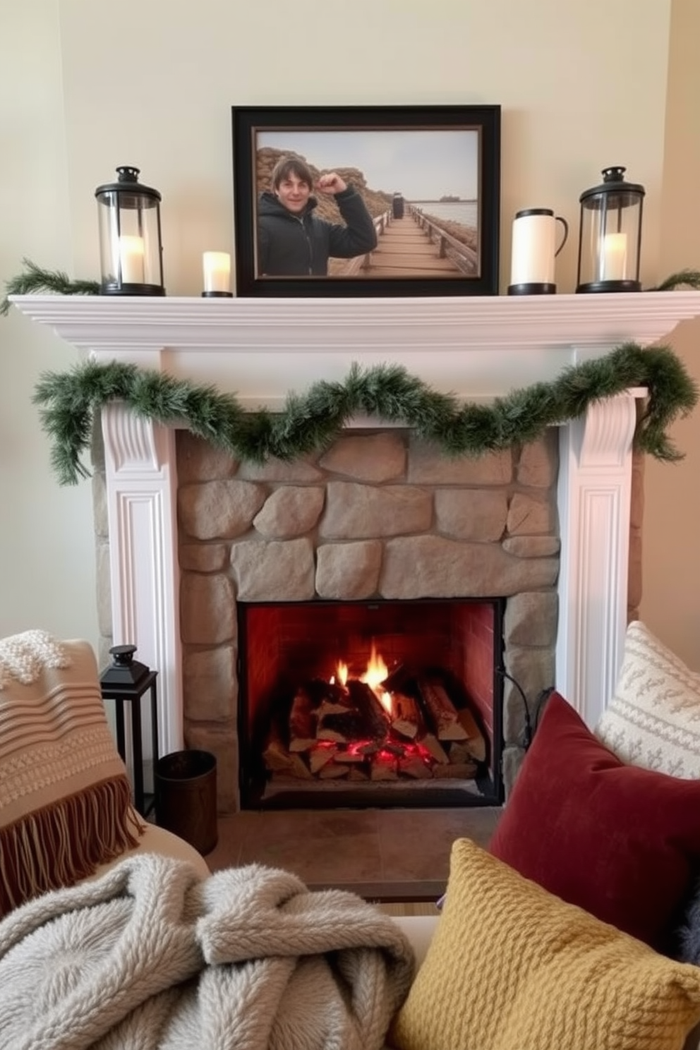 A cozy winter living room setting featuring a traditional fireplace adorned with a beautiful mantle. Decorative lanterns with soft glow lights are placed on either side of the fireplace, creating a warm and inviting atmosphere. The fireplace is surrounded by a stone facade, with a stack of firewood neatly arranged beside it. Plush blankets and decorative pillows in rich, warm colors are scattered on a comfortable seating arrangement nearby.