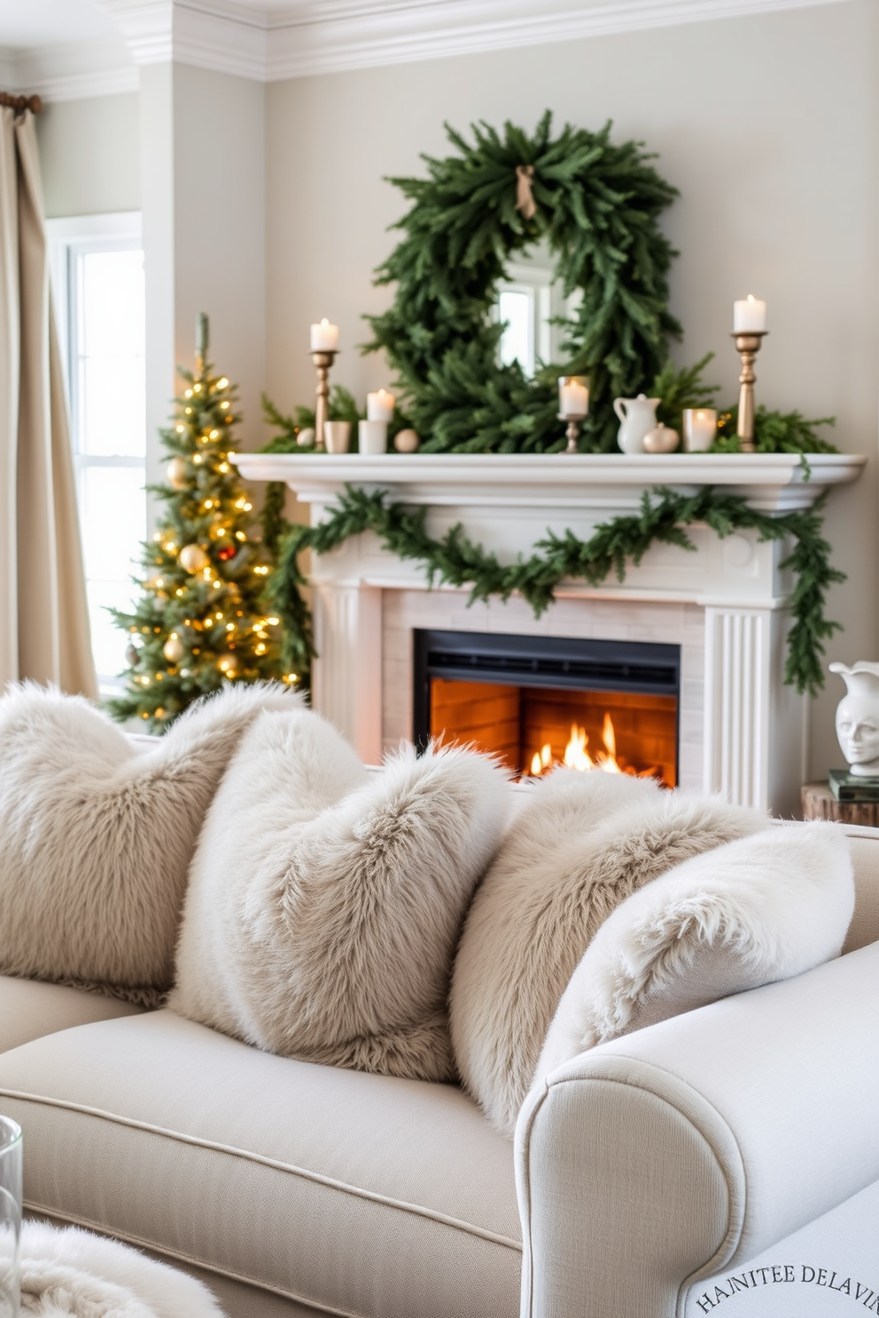 A cozy living room adorned with faux fur throw pillows in soft neutral tones. The fireplace is elegantly decorated with seasonal greenery and warm candlelight, creating an inviting atmosphere.