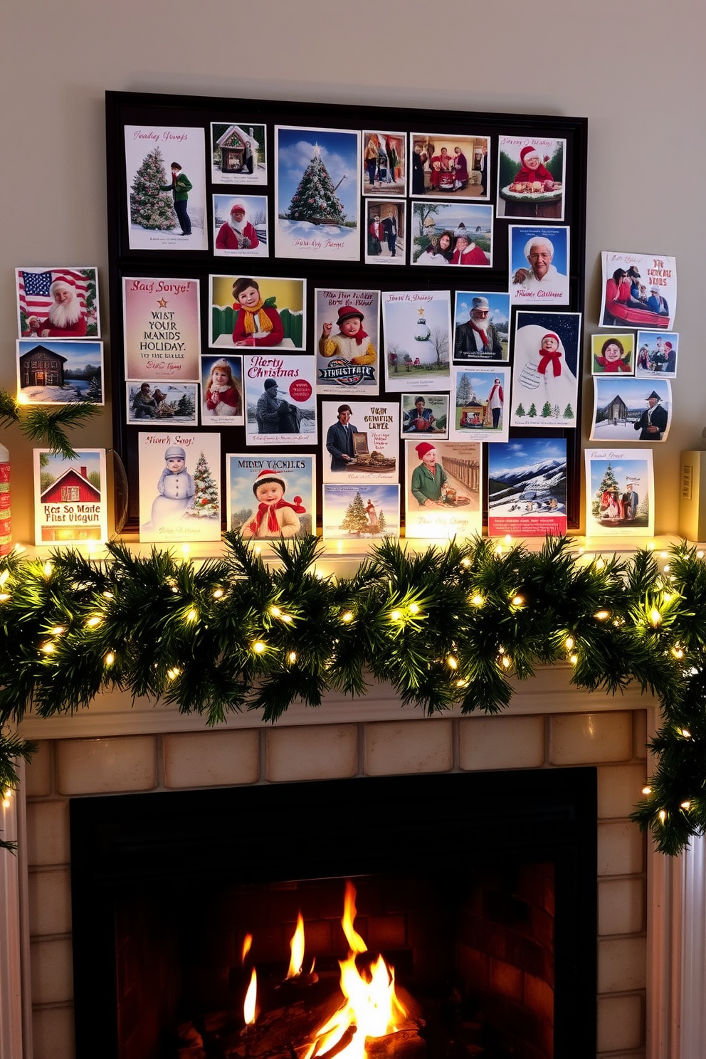 A cozy mantel adorned with vintage holiday postcards in various sizes and colors. The postcards are arranged in a charming collage, capturing nostalgic winter scenes and festive greetings. Above the mantel, a warm glow emanates from the fireplace, decorated with evergreen garlands and twinkling fairy lights. The flickering flames create a welcoming ambiance, enhancing the holiday spirit in the room.