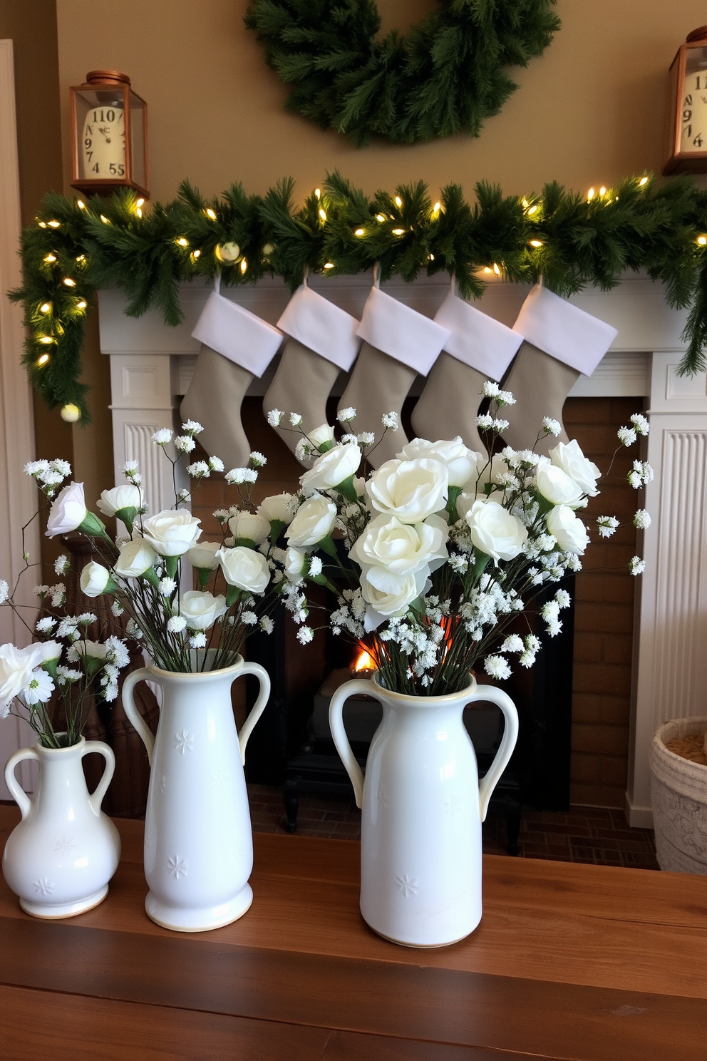 Charming ceramic vases filled with winter blooms are arranged on a rustic wooden table. The vases showcase an assortment of white and pale blue flowers, creating a serene winter atmosphere. A cozy fireplace is adorned with evergreen garlands and twinkling fairy lights. Stockings hang from the mantel, adding a festive touch to the warm glow of the fire.