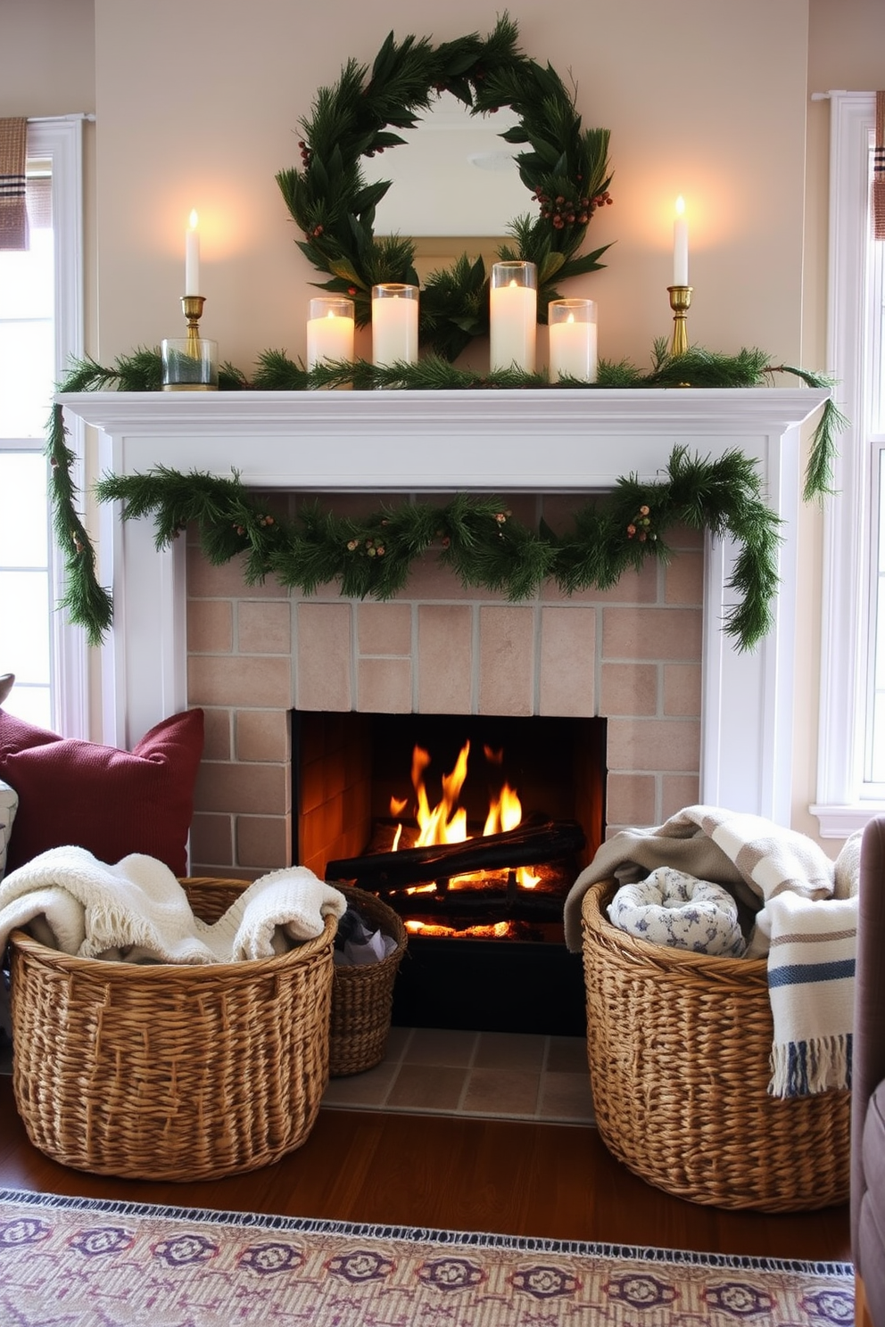 A cozy living room featuring a winter fireplace as the focal point. The fireplace is adorned with layered textures including woven baskets placed beside it, filled with warm blankets and logs. Soft, ambient lighting creates a welcoming atmosphere. The mantel is decorated with seasonal greenery and candles, enhancing the inviting winter vibe.