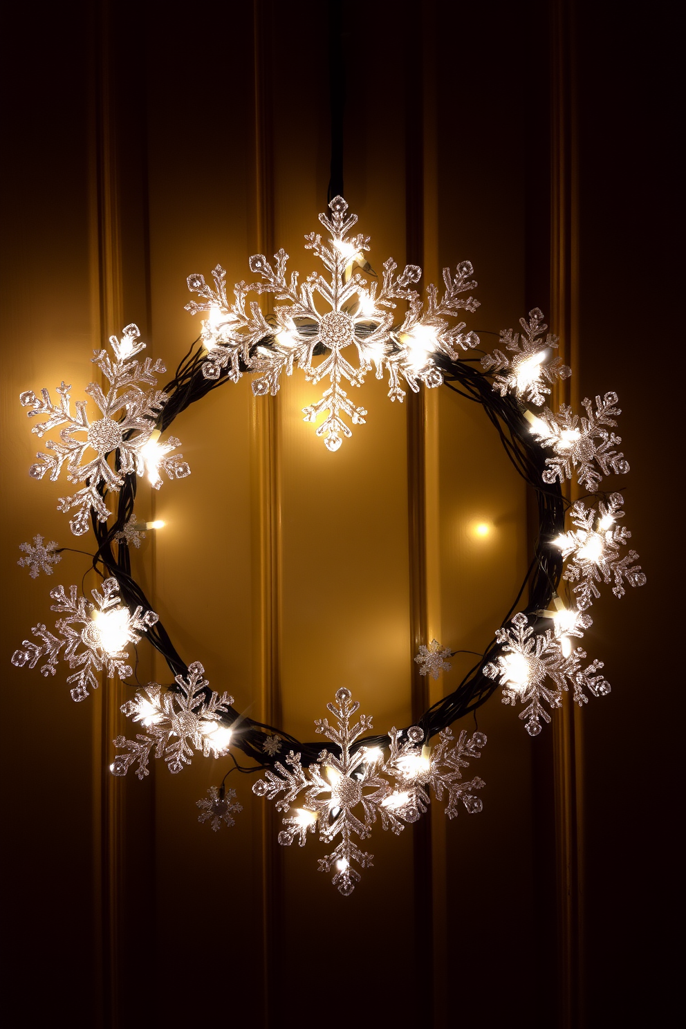 A snowflake wreath adorned with twinkling lights hangs gracefully on the front door. The wreath is composed of delicate white snowflakes interspersed with shimmering fairy lights that create a warm and inviting glow.