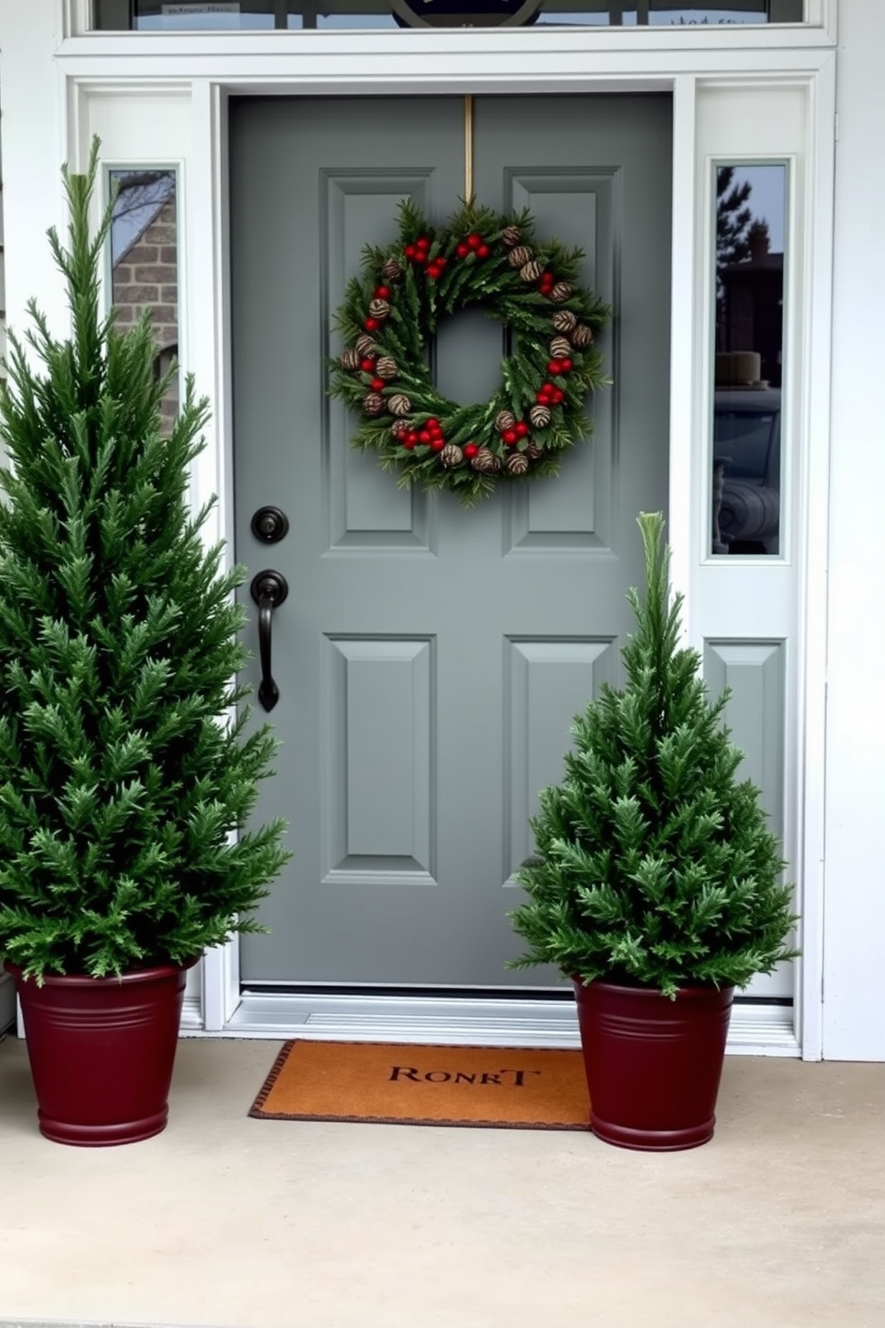 A charming winter front door setting features potted evergreen trees placed on either side of the entrance. The door is adorned with a festive wreath made of pinecones and red berries, creating a warm and inviting atmosphere.