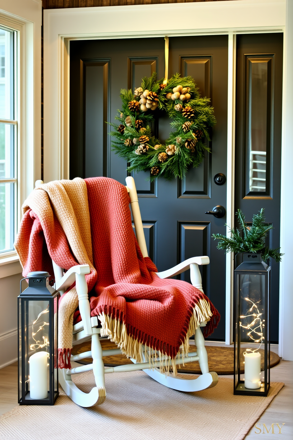 A cozy rocking chair is adorned with soft warm throw blankets in rich earthy tones. The chair is positioned near a window, allowing natural light to illuminate the space, creating an inviting atmosphere. The front door is elegantly decorated for winter, featuring a beautiful wreath made of pinecones and evergreen branches. Flanking the door, two lanterns filled with fairy lights add a warm glow to the entrance, enhancing the seasonal charm.