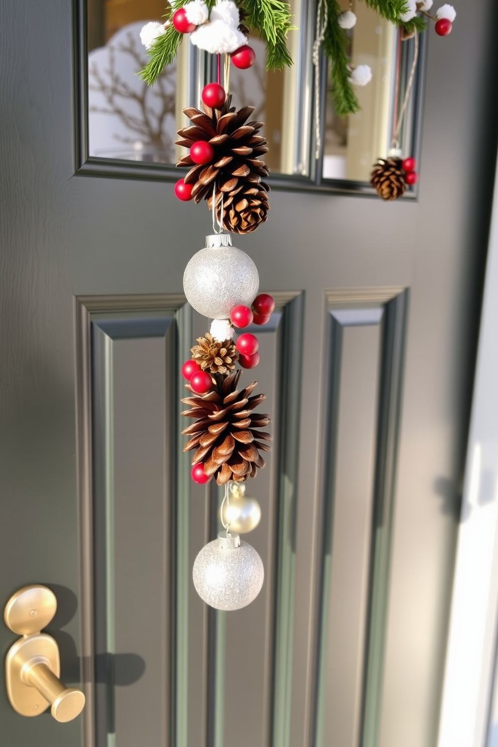 A charming winter front door adorned with hanging ornaments from the door frame. The ornaments include a mix of pinecones, red berries, and shimmering silver accents, creating a festive and inviting atmosphere.