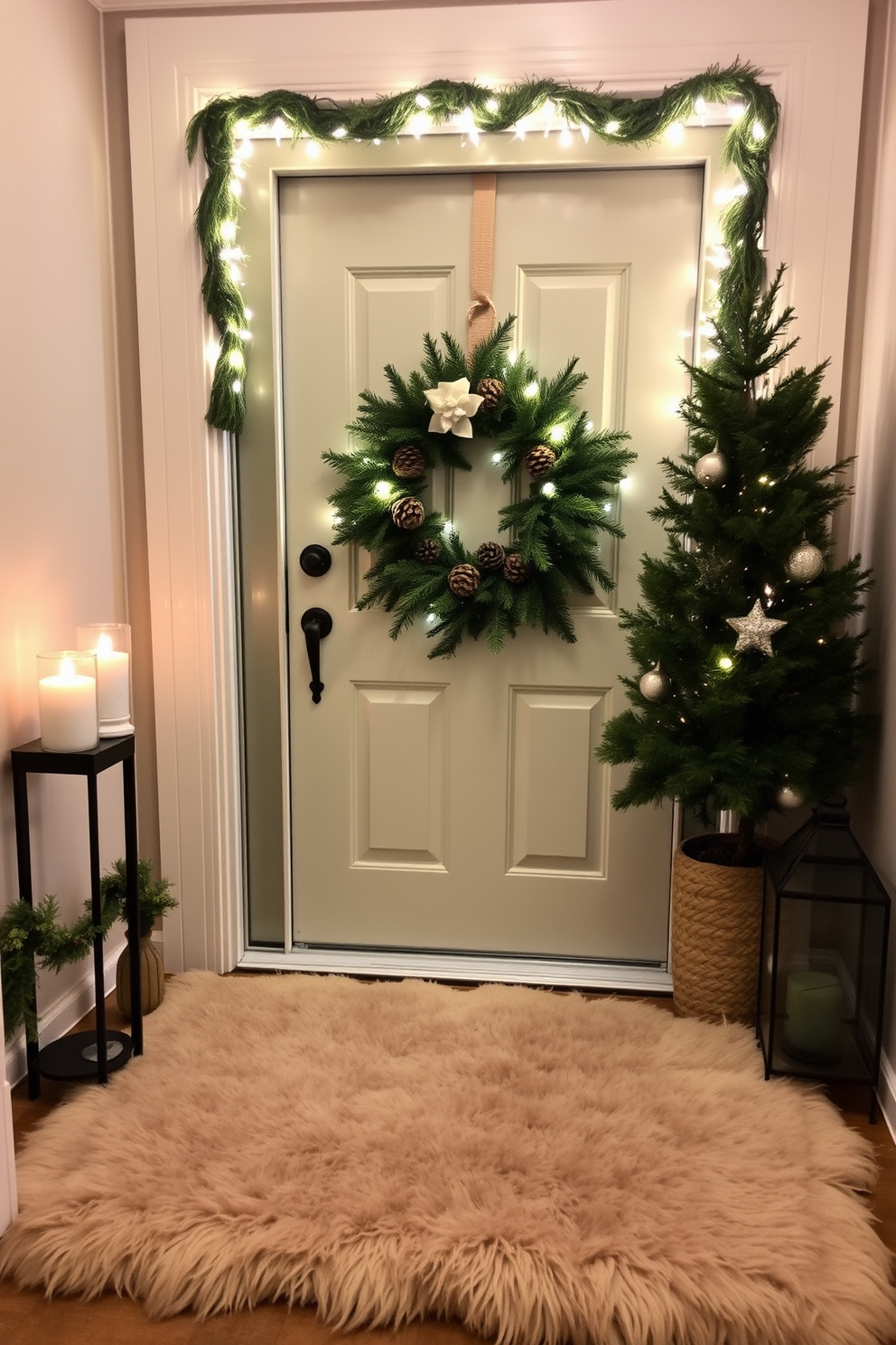 A cozy front entrance adorned with a plush faux fur rug that invites warmth and comfort. The winter-themed front door features a beautiful wreath made of pinecones and evergreen branches, complemented by twinkling fairy lights.